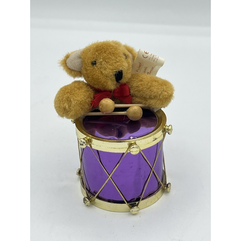 Vintage FLOMO Teddy Bear Playing Drum Christmas Ornament Collectible